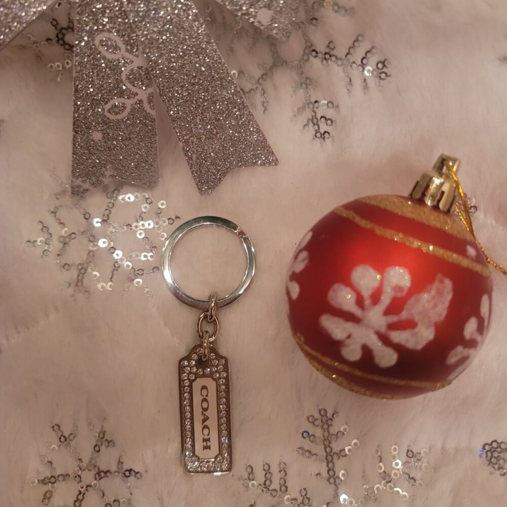Coach Silver Rectangular Logo Key Ring with Rhinestone Border - Picture 7 of 15